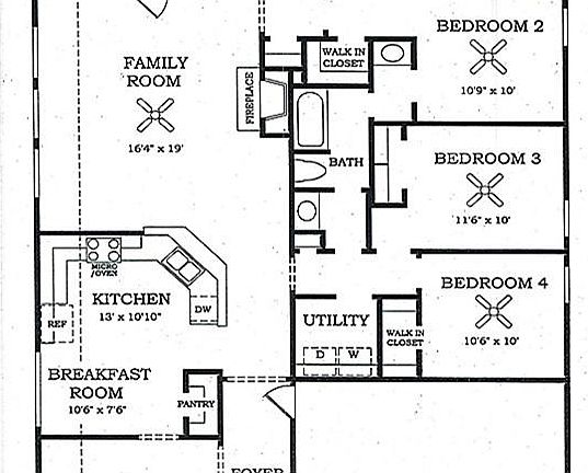  4 bed / 2 bath floorplan shows the large kitchen and open concept