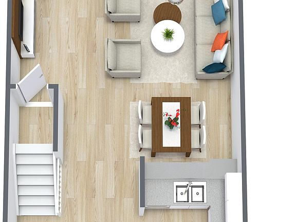 Main floor with entry, half bath, living area, kitchen and rear balcony