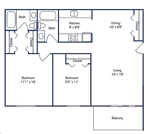 Floor plan 2 Bedroom, 2 Bath (884 sqft.)