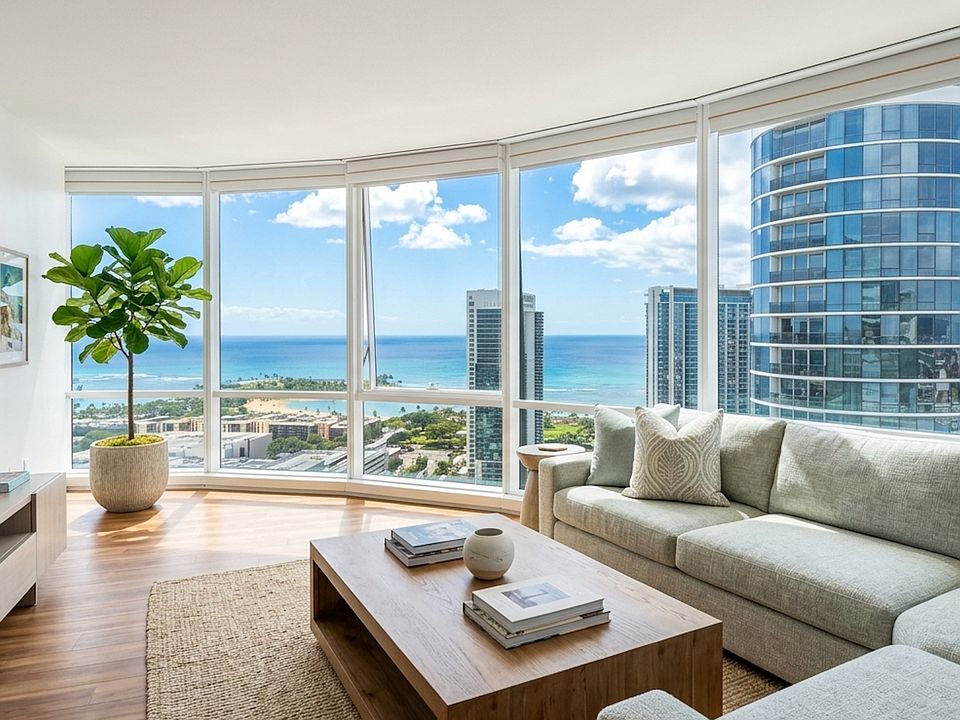 Living room with a view of Ala Moana Beach and Magic Island.
