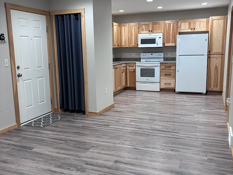 Open living room with shoe/coat closet and kitchen