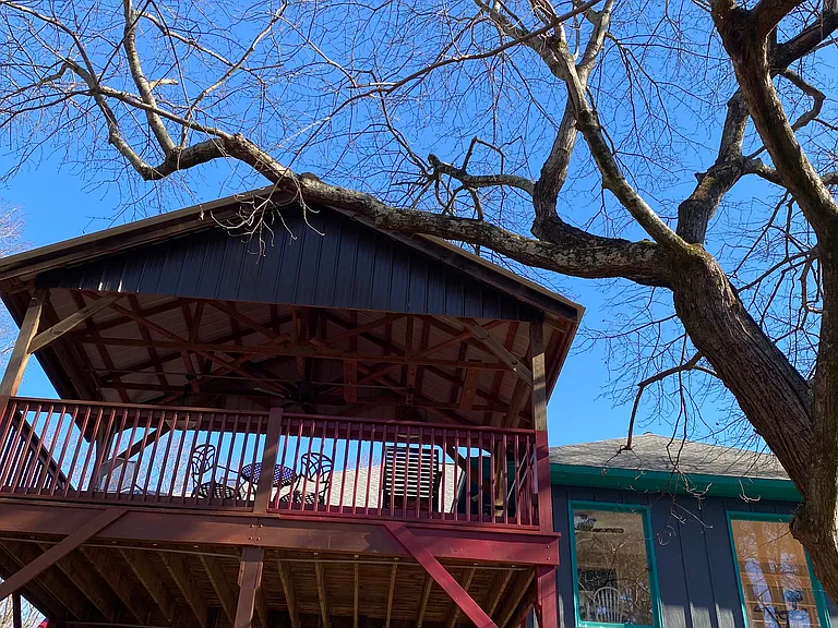 Backyard looking up a deck