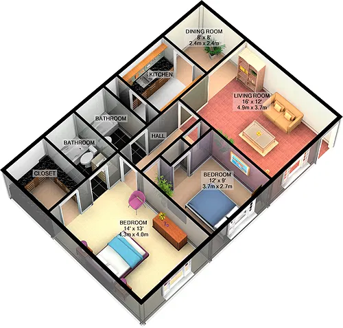 Floor plan Two Bedroom, One Bathroom, 901 SQFT