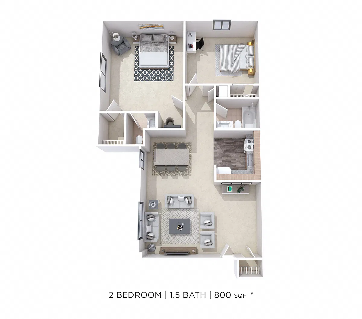 Floor plan Two Bedroom 1.5 Bath - 800 sqft