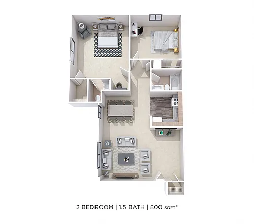 Floor plan Two Bedroom 1.5 Bath - 800 sqft