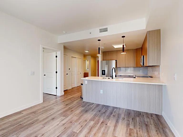 Apartment kitchen with stainless steel appliances, dining and living room with wood-style flooring.