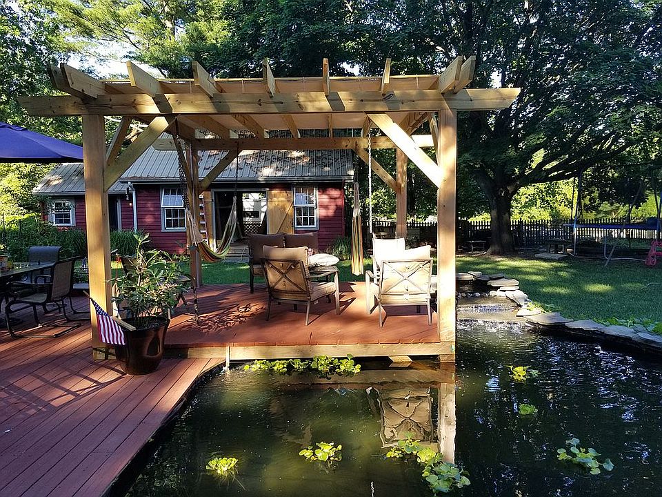 Back yard pond and barn view