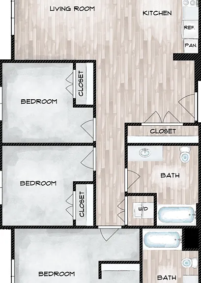 3 Bed 2 Bath Floorplan Diagram