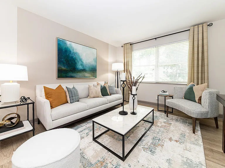 Spacious living room with hardwood-style flooring