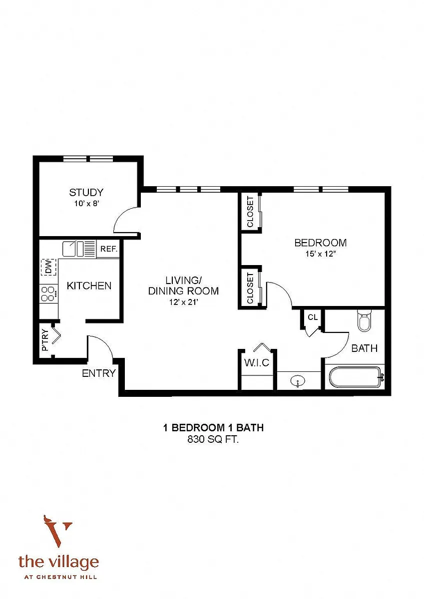 Floor plan Village at Chestnut Hill- 1 Bdrm 830 Sqf