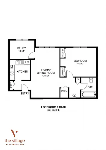Floor plan Village at Chestnut Hill- 1 Bdrm 830 Sqf