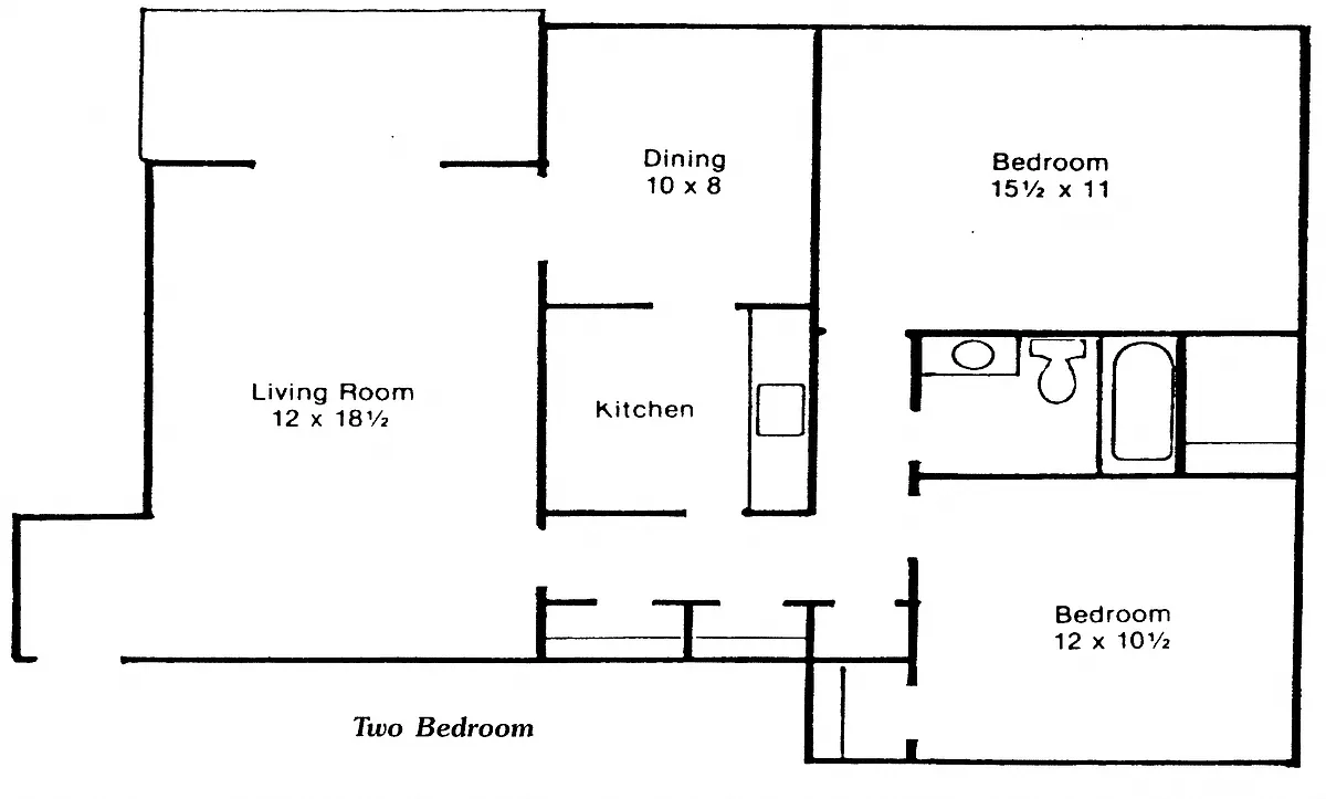 Floor plan 2 Bedroom 1 Bath (2dS)