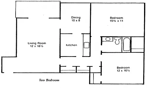 Floor plan 2 Bedroom 1 Bath (2dS)