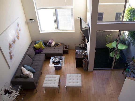 Birds eye view of living room & patio