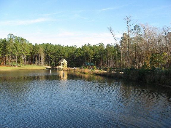 View across lake to fishing dock