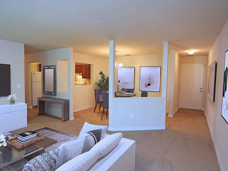Entry foyer, living and open dining