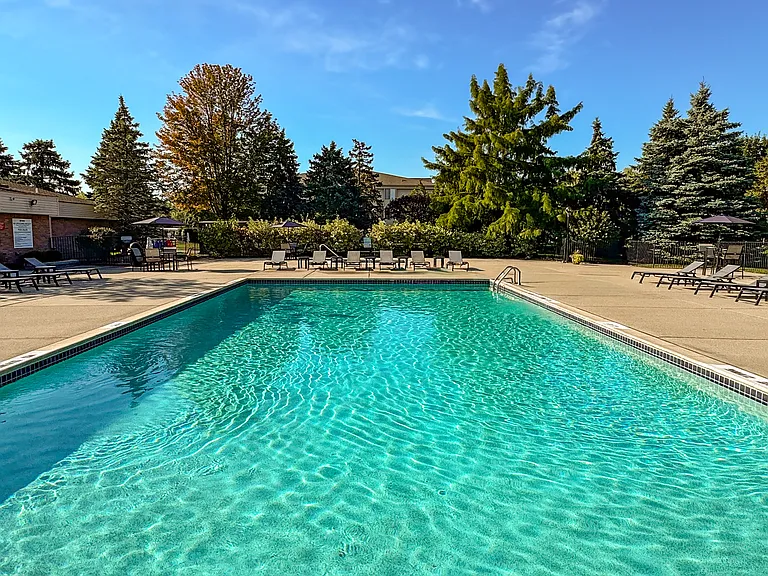 Heated pool and sauna at Prentiss Pointe Apartments in Harrison Township, MI