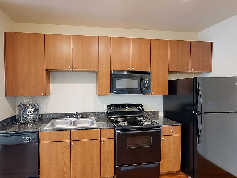 Apartment kitchen with granite countertops and wood-style flooring.
