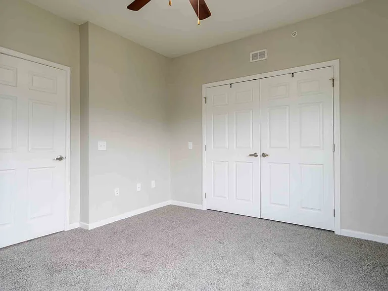 Bedroom with double-door closet, plush carpeting, and neutral wall color, perfect for versatile decor at Cedar Terrace Apartments.