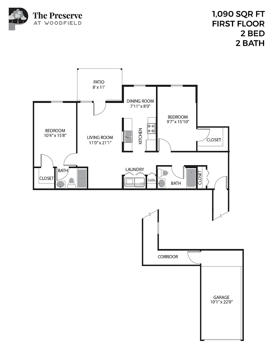 Floor plan 2 Bedroom 2 Bath (1090 Sq. Ft.)