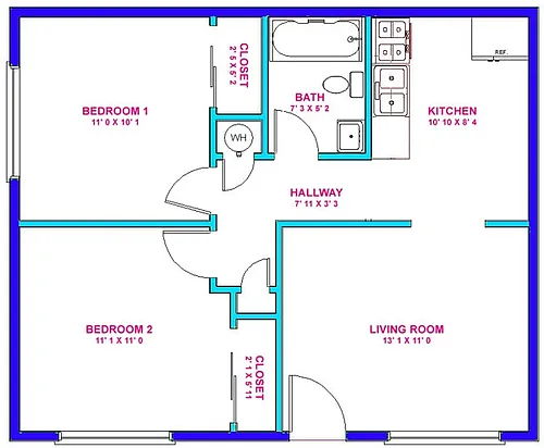 Floor plan 2 Bed-1 Bath