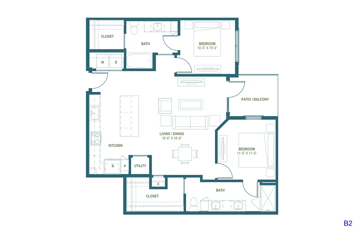 Floor plan B2 | 2 Bed | 2 Bath