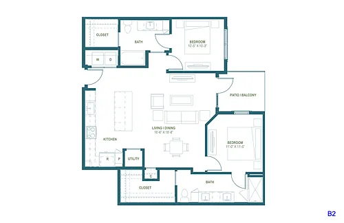 Floor plan B2 | 2 Bed | 2 Bath