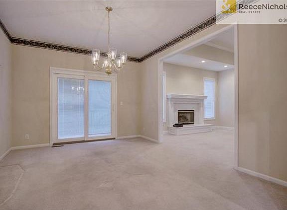 Dining room with large sliding doors.