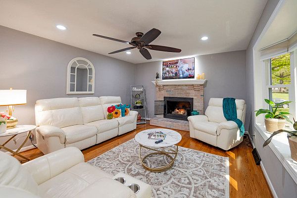 Large Ceiling Fan, Bay Window for Bright LR. Window is tinted for privacy