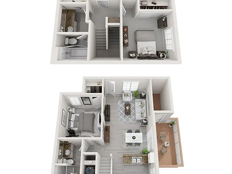 A 3D floor plan rendering of The Huntington