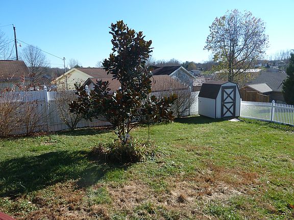 Fenced backyard with shed