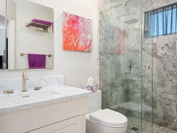 Full Bath, marble tile shower and floors