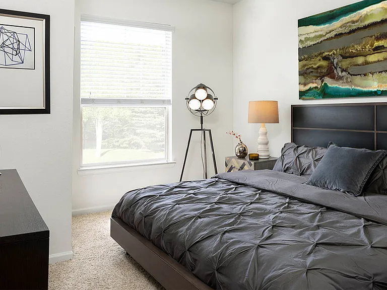 Spacious apartment bedroom with carpeted floors.