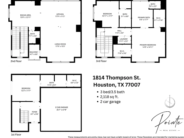 Floor plan for a modern three-story residence at 1814 Thompson St., Houston, TX 77007 offering 3 bedrooms and 3.5 bathrooms across 2,118 sq ft.