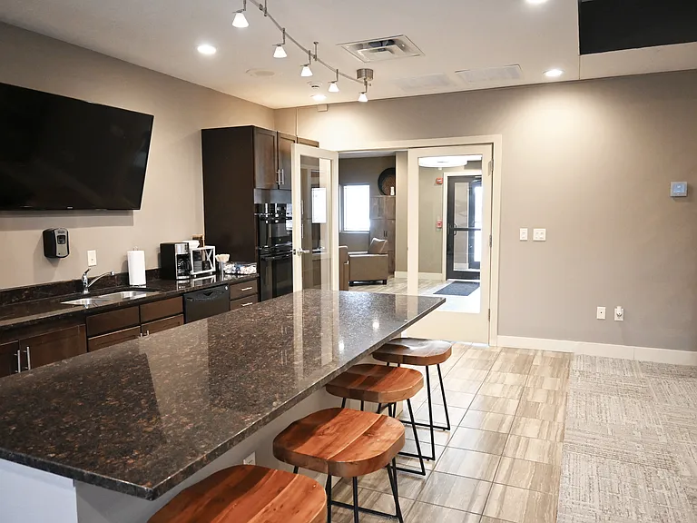 Community kitchen in the clubhoues at The Sterling Kearney.