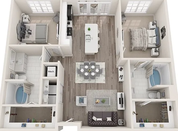 The Bradley, Two Bedrooms, Two Bathrooms, 1177 sqft, Full-Size Washer/Dryer, Patio/Balcony, Two Walk-in Closets The Bradley, Two Bedrooms, Two Bathrooms, 1177 sqft, Full-Size Washer/Dryer, Patio/Balcony, Two Walk-in Closets