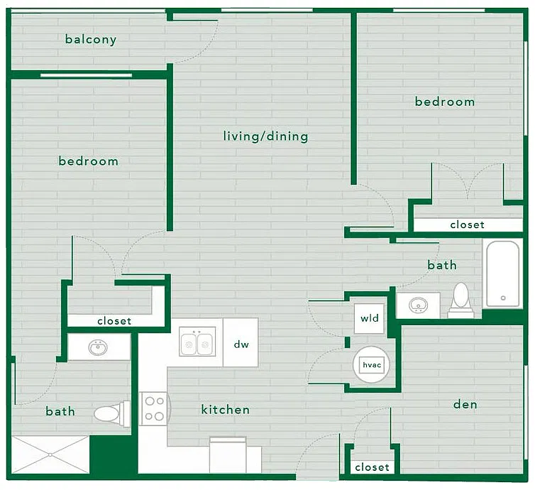 Floor plan 2 Bed 2 Bath with Den - 1,134 St. Ft