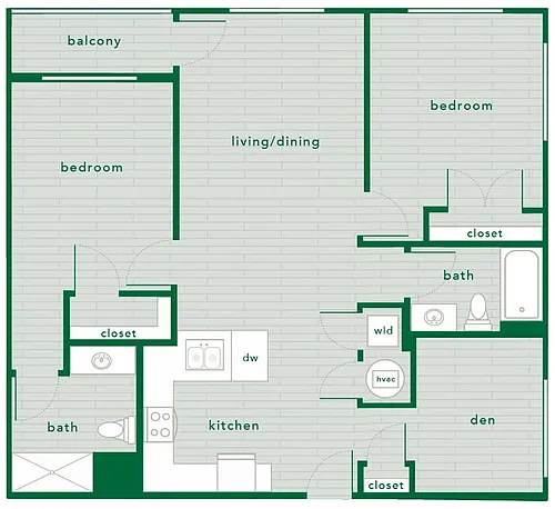 Floor plan 2 Bed 2 Bath with Den - 1,134 St. Ft