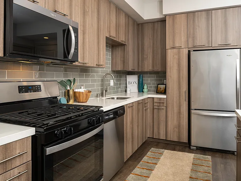 Modern kitchens include stainless steel appliances and premium quartz countertops
