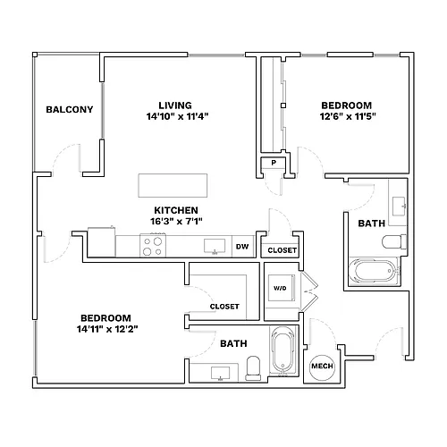 Floor plan 2x2 - 1057sqft - B3 - Herringbone