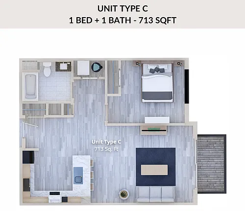 Floor plan TYPE C - 713 SQ FT (1BED+1BATH)
