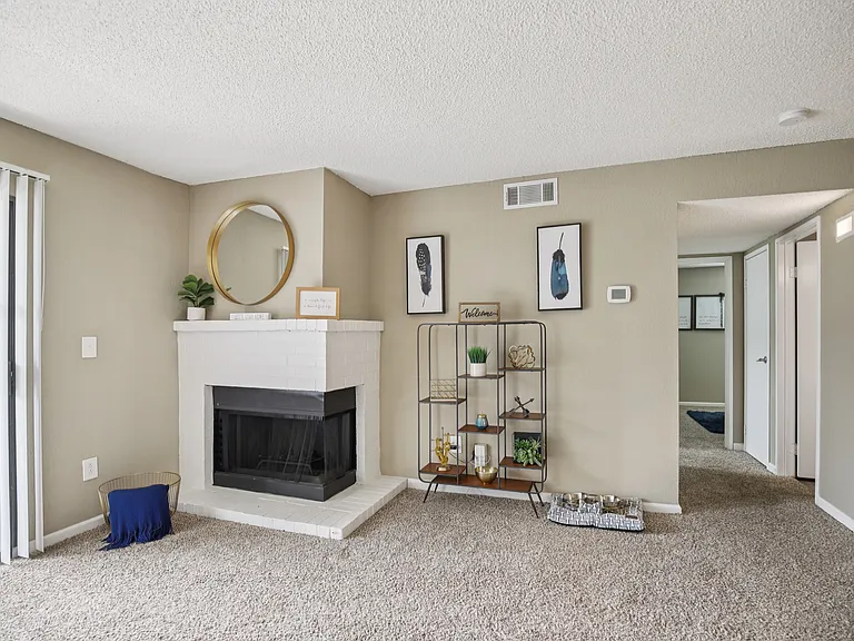 Wood-burning corner fireplace.