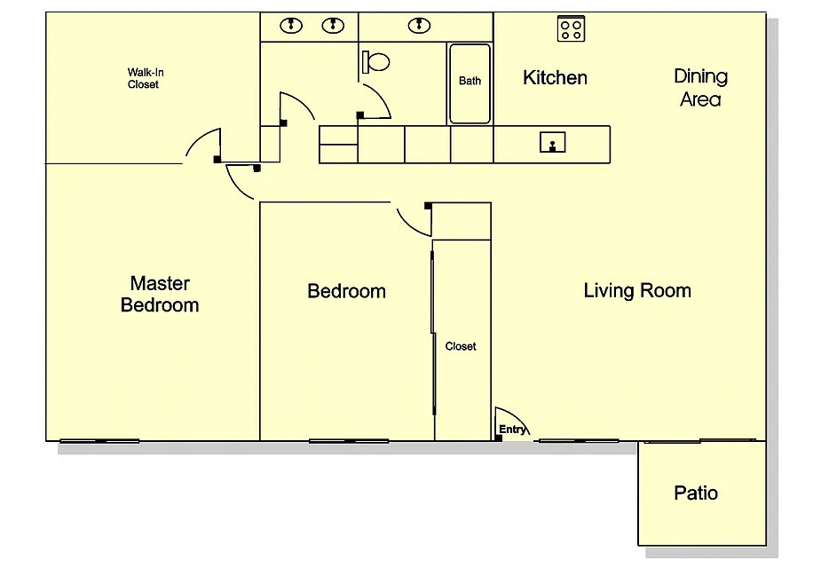 Floor plan 2 Bedroom, 1 Bath w/ Balcony