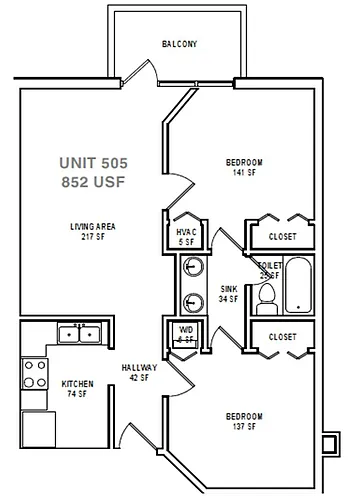 Floor plan B1 Two Bedroom / One Bath