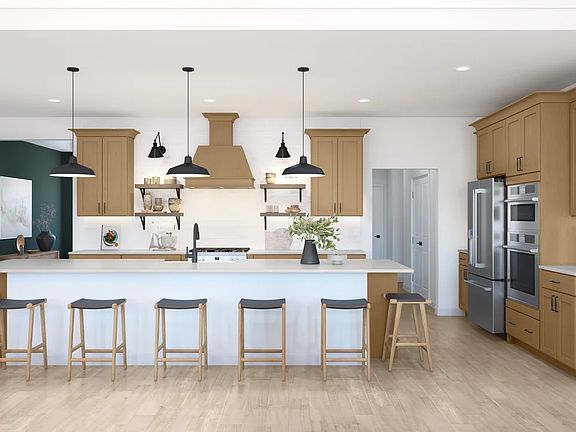 Kitchen with pendant lighting and floating shelves