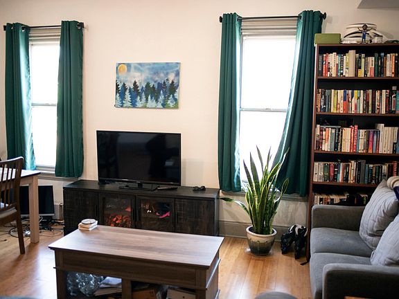 Living room with two bright windows flood the space with light