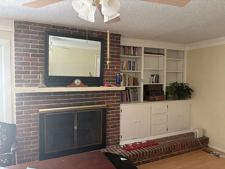Family room: fireplace, built-in shelves and cabinets.