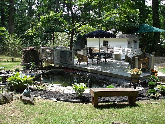Pond, deck, garage