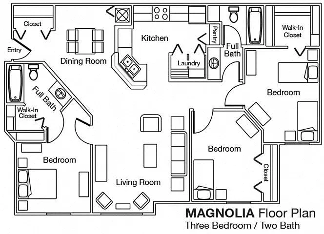 Floor plan Three Bedroom Two Bathroom 60%