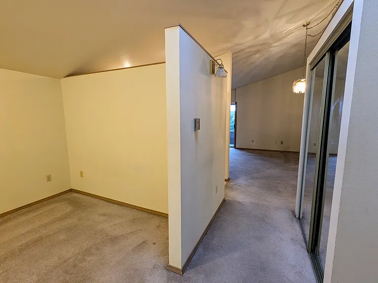 Open concept 1 bedroom with vaulted ceiling fits a queen bed
